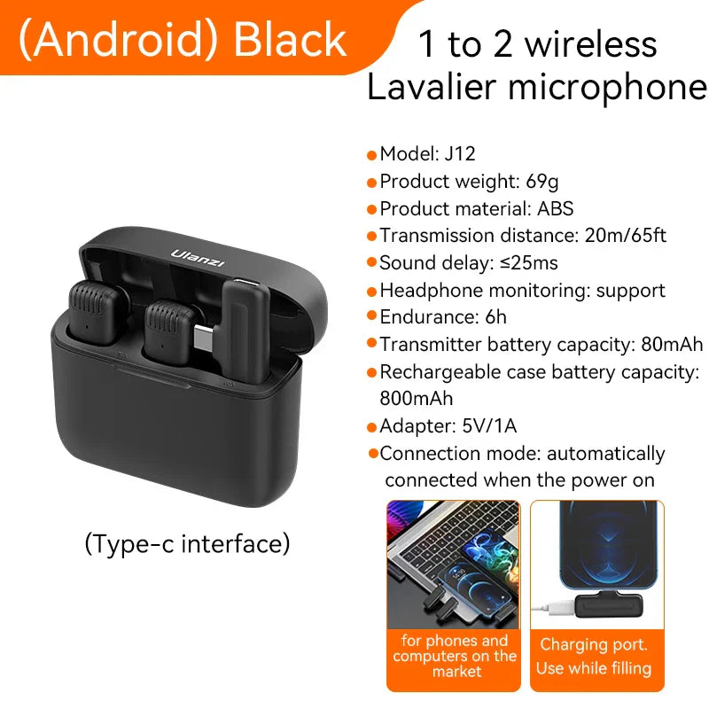 Ulanzi J12 Lavalier Microphone Professional Portable 20M Receive Range Plug Play Mic For Smartphone Android iPhone16 15 14 13 12