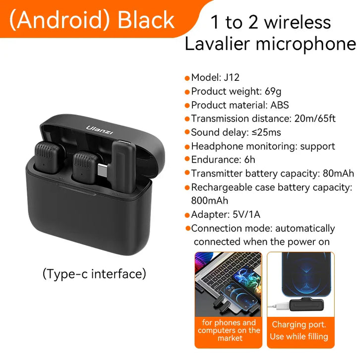 Ulanzi J12 Lavalier Microphone Professional Portable 20M Receive Range Plug Play Mic For Smartphone Android iPhone16 15 14 13 12