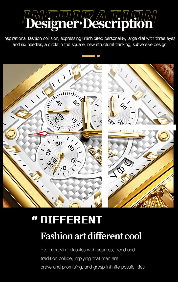 OLEVS Men's Top Brand Square Quality Quartz Wristwatch Chronograph Waterproof Original Watch for Man Luminous Date Luxury