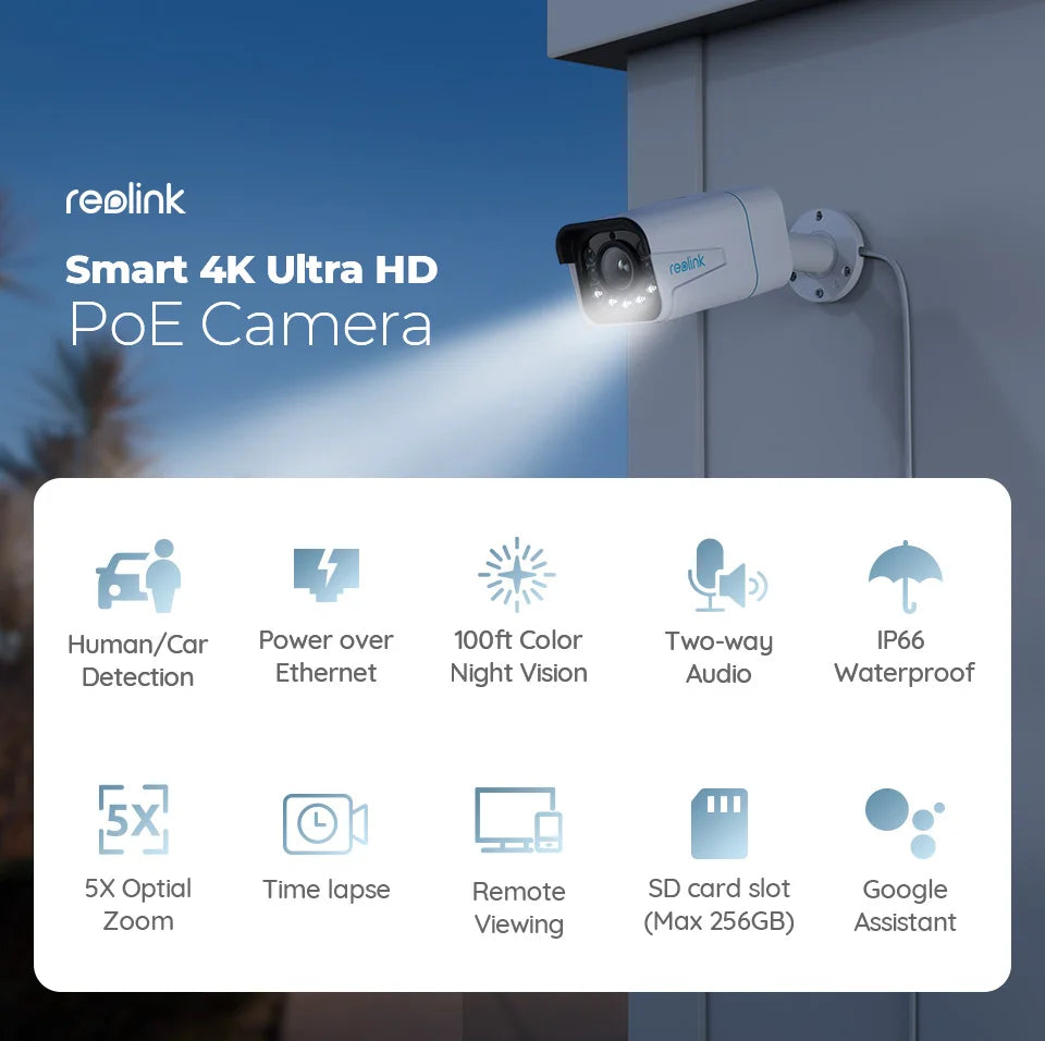 Reolink Smart 4K 8MP PoE Security Camera 5X Zoom 2-Way Audio IP Cam Person/Vehicle Detection Spotlight Surveillance Cameras