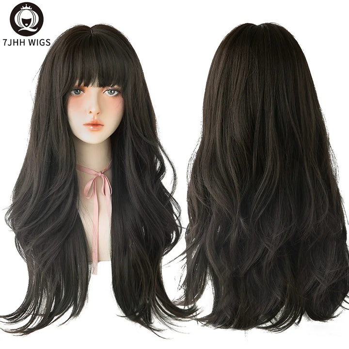 7JHHWIGS Long Wavy Synthetic Black Wigs For Women With Fringe Fashion Heat Resistant Mid-Length Daily Straight Light Brown Hair