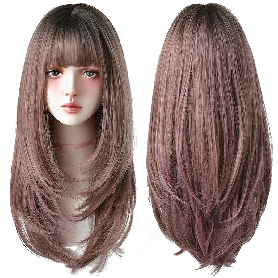 7JHHWIGS Long Wavy Synthetic Black Wigs For Women With Fringe Fashion Heat Resistant Mid-Length Daily Straight Light Brown Hair