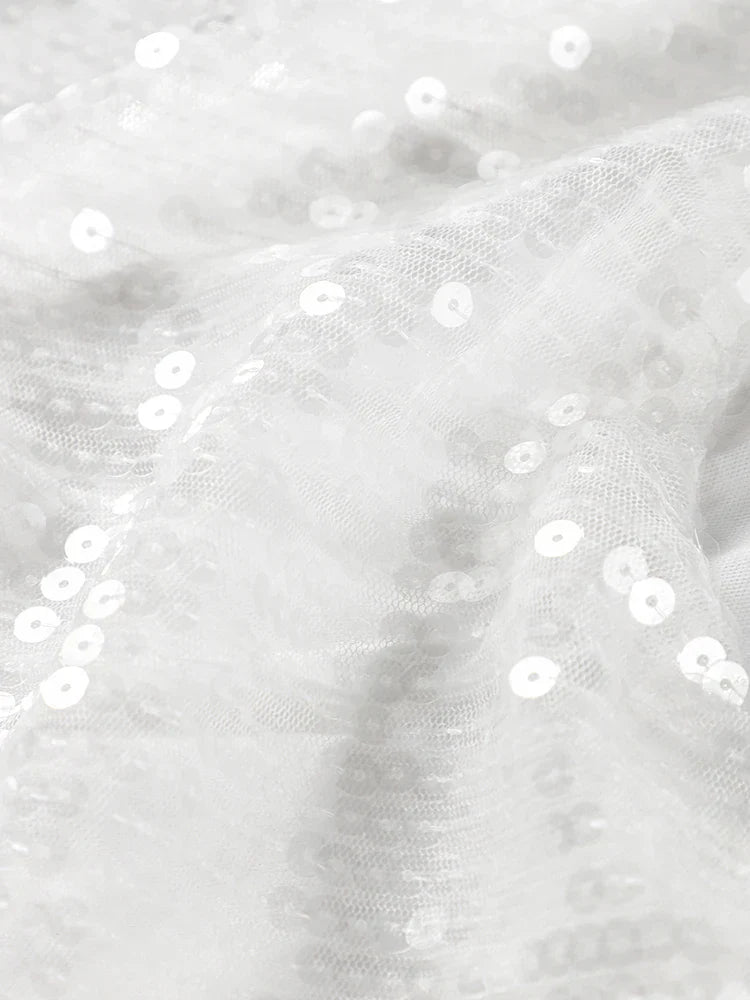 Women's Sparkling Backless Long Sleeved Dress Silver White Sexy Gauze Short Dresses Shiny Lining Elegant Summer Autumn Lady Top