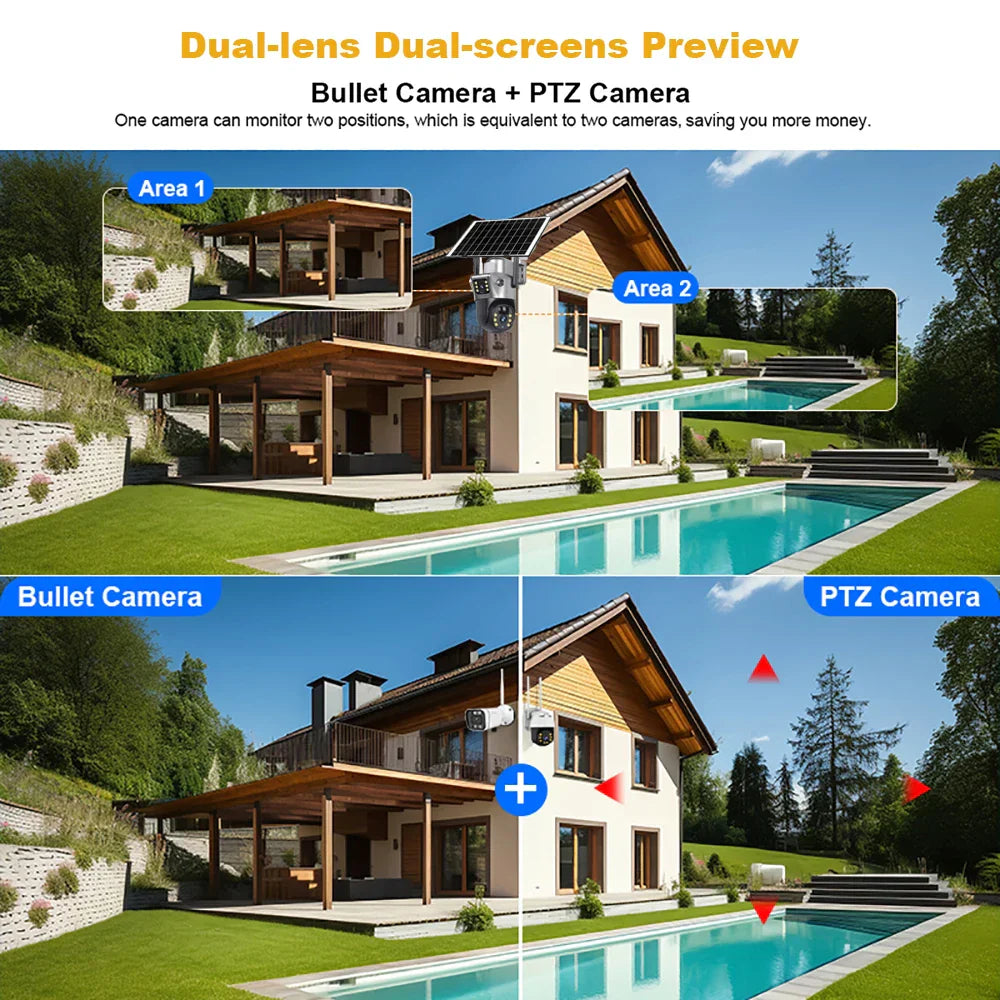 4G Sim Card Solar Camera Dual Lens Outdoor 8MP 4K Low Power Battery IP Camera PIR Night Vision V380 Pro CCTV Security Protection