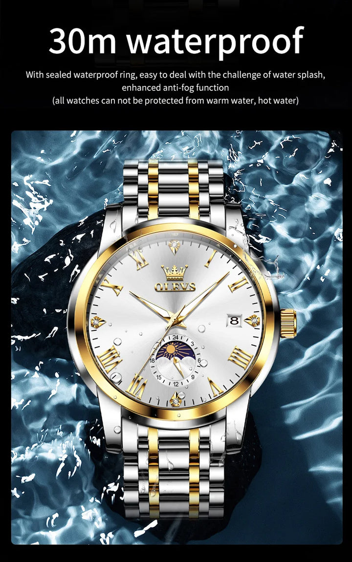 OLEVS Trend Fasahion Men's Watches Stainless Steel Original Quartz Watch for Man Waterproof Luminous Date Moon Phase Wristwatch