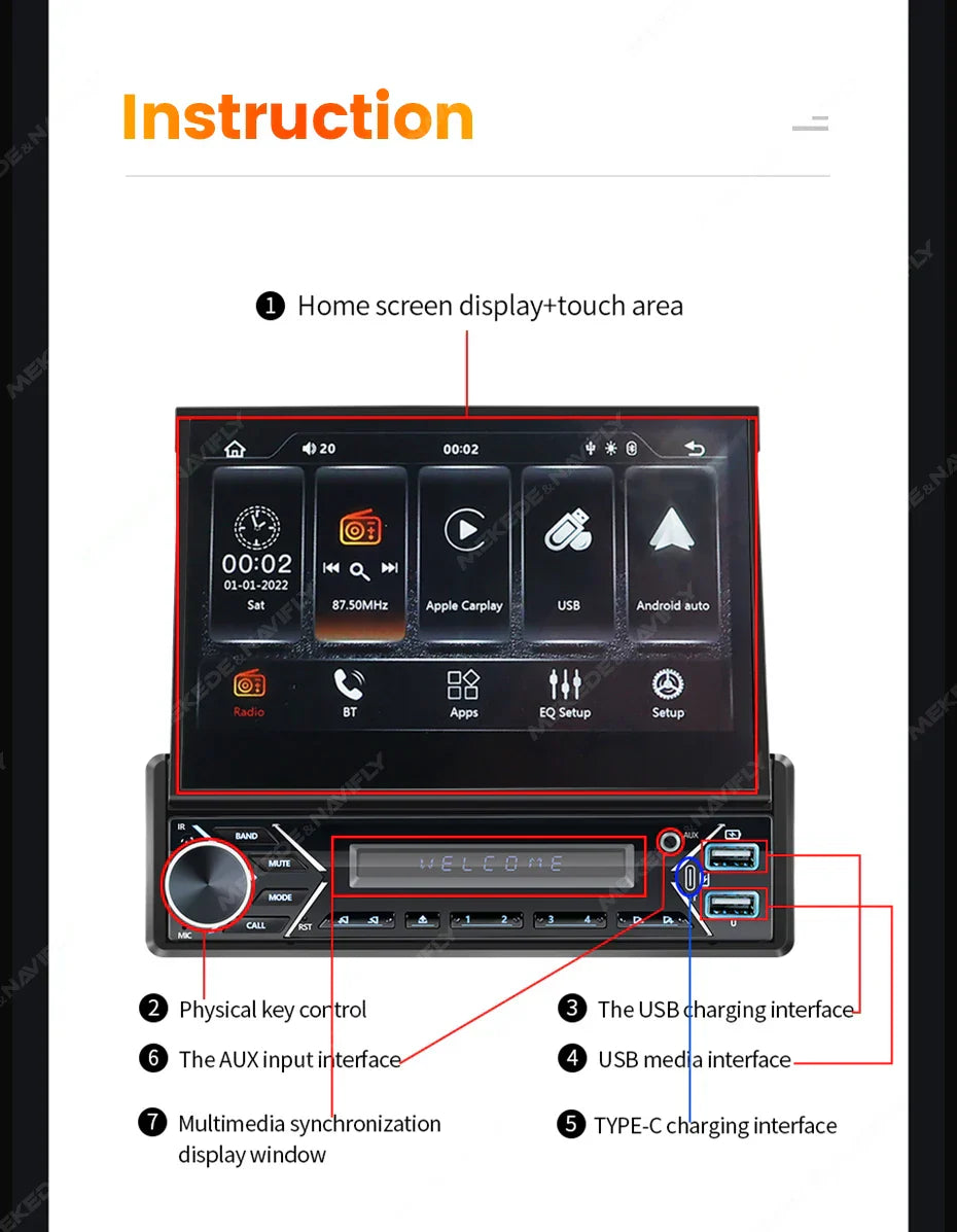 Universal 7" 1din Retractable Screen Car Radio Android Auto Carplay Multimedia Video Player Intelligent Vehicle System BT FM USB