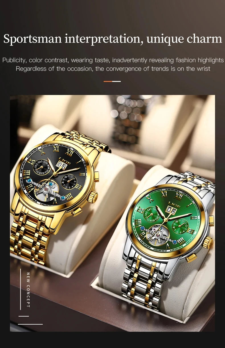 LIGE Fashion Men's Mechanical WristWatches Business Waterproof Tourbillon Watch Men Top Brand Luxury Automatic Watches For Men