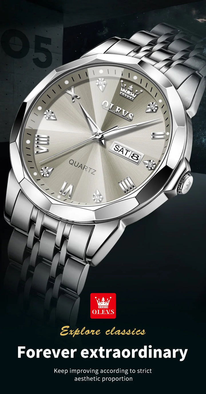 OLEVS Men's Watches Causal Fashion Original Quartz Watch for Man Waterproof Stainless Steel Luminous Date Week Trend Dress Reloj