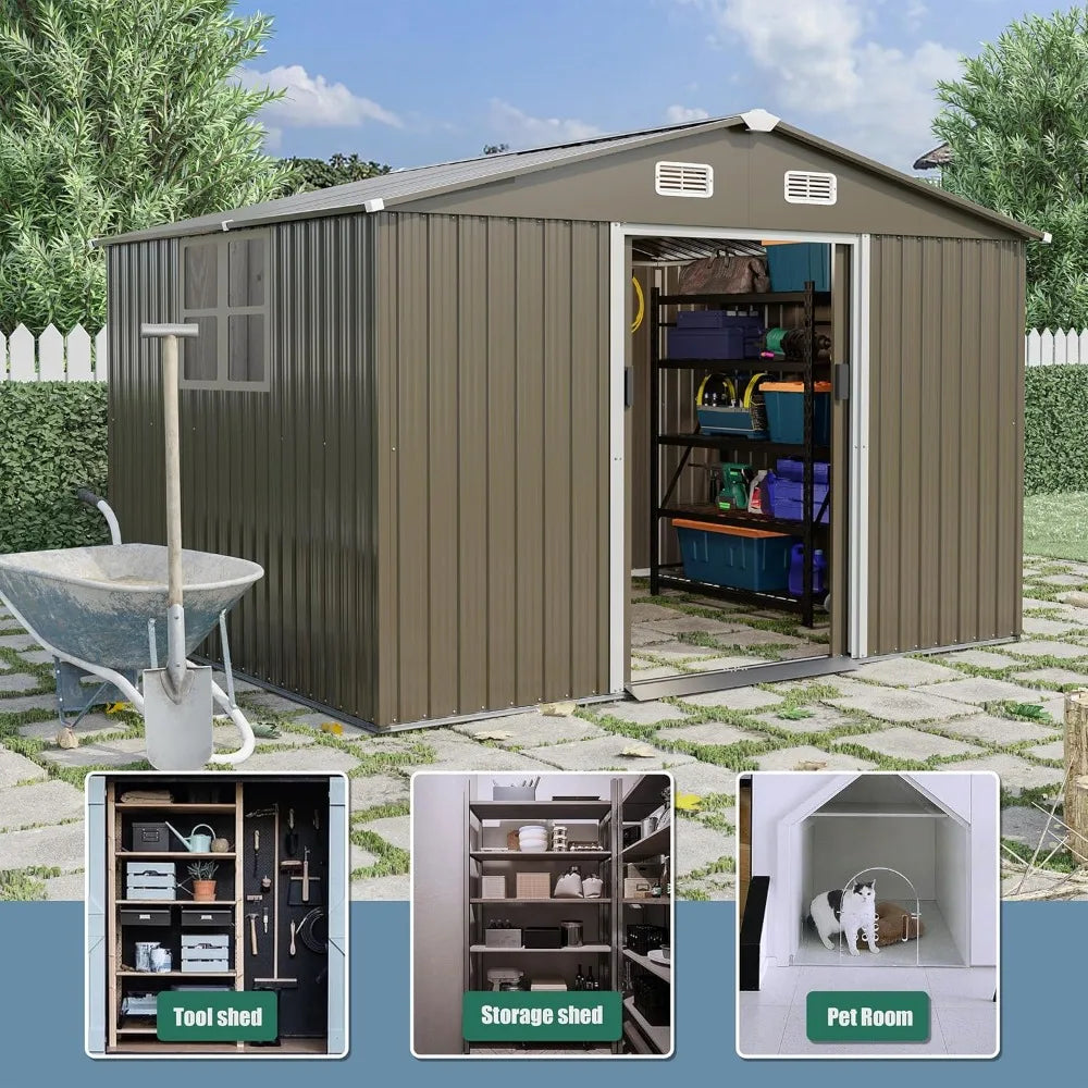 10 x 8 FT Outdoor Storage Shed, Waterproof, Lockable Door Metal Tool Sheds w/Sliding Door and Air Vents, Metal Storage Shed