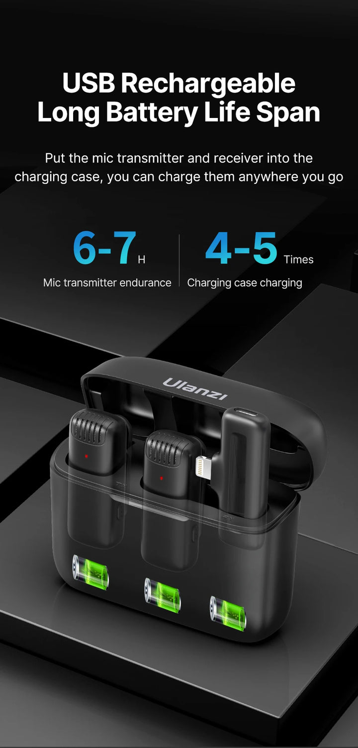 Ulanzi J12 Wireless Lavalier Microphone System Audio Video Recording Microphone Mini Mic for iPhone Android Live Broadcast
