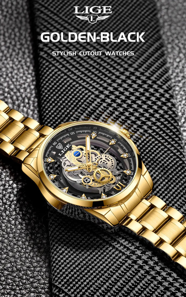 LIGE New Fashion Mens Watches Top Brand Luxury Hollow Watch Men Military Sports Waterproof Quartz Watch For Men Montre Homme+BOX