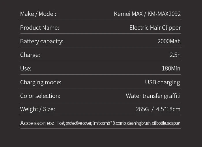 Kemei Rechargeable Graffiti Pattern Electric Hair Clipper Professional Barber Trimmer Man Shaver Km-MAX2092 KM-MAX5090 KM-RS7098