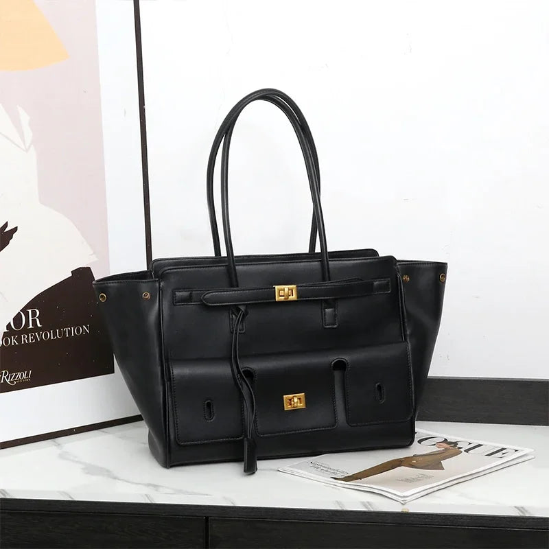 Luxury Brand Silver Buckle Fashion Genuine Leather Handbag New Large Capacity Tote Bag Designer Women's Commuter Shoulder Bag