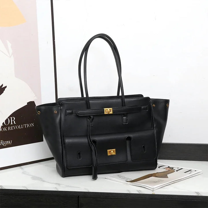 Luxury Brand Silver Buckle Fashion Genuine Leather Handbag New Large Capacity Tote Bag Designer Women's Commuter Shoulder Bag