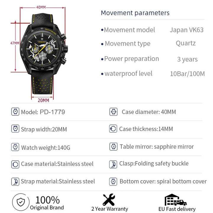 PAGANI DESIGN 2024 New Moon Dark Men's Watches Luxury Quartz Watch Men Skeleton Sport Chronograph AR Sapphire glass Wrist Watch