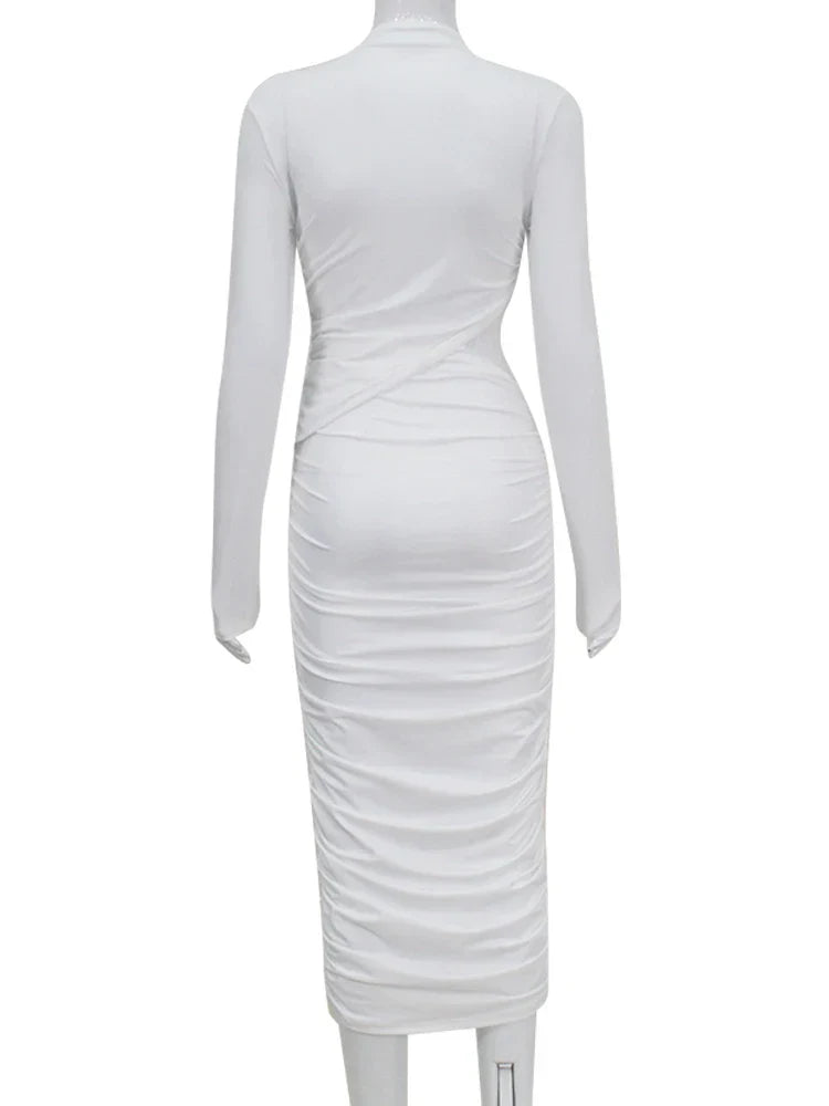 Ahagaga Fashion Sexy Club Hollow Out Dresses Women Regular Casual Solid O-neck Long Sleeve Slim Bodycon Elegant Vestidos Robes