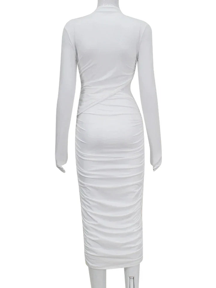 Ahagaga Fashion Sexy Club Hollow Out Dresses Women Regular Casual Solid O-neck Long Sleeve Slim Bodycon Elegant Vestidos Robes