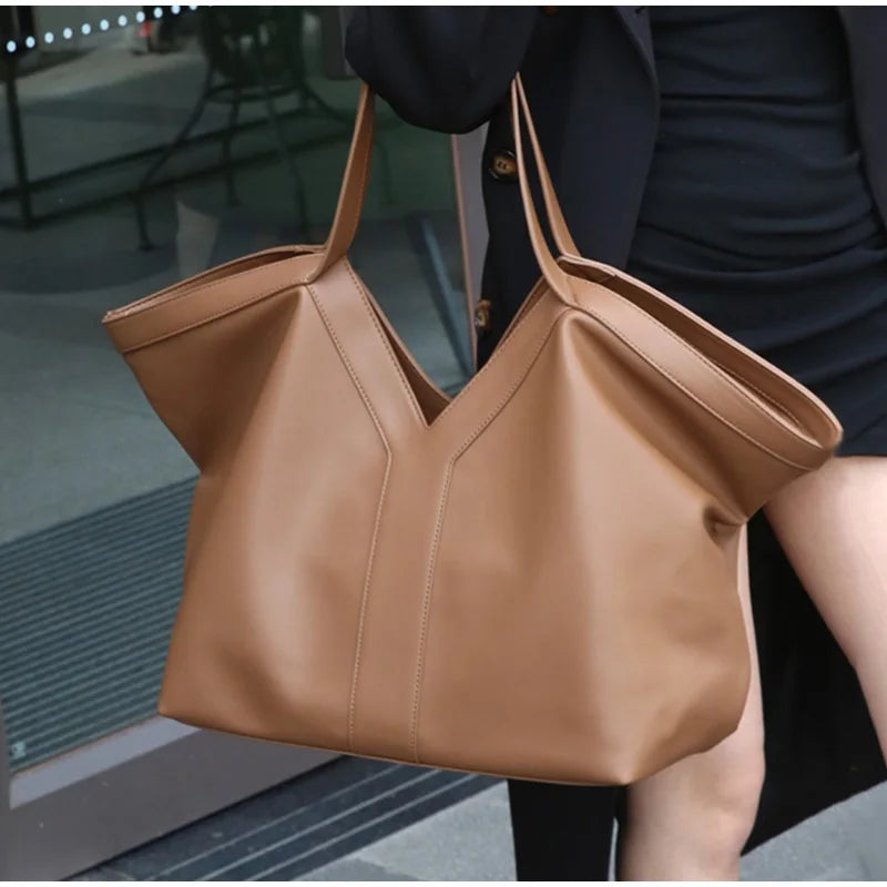 Soft Luxury Y Letter Women Shoulder Bag New Genuine Leather Fashion Large Capacity Tote Bag High-end Casual Commuting Brand Bag