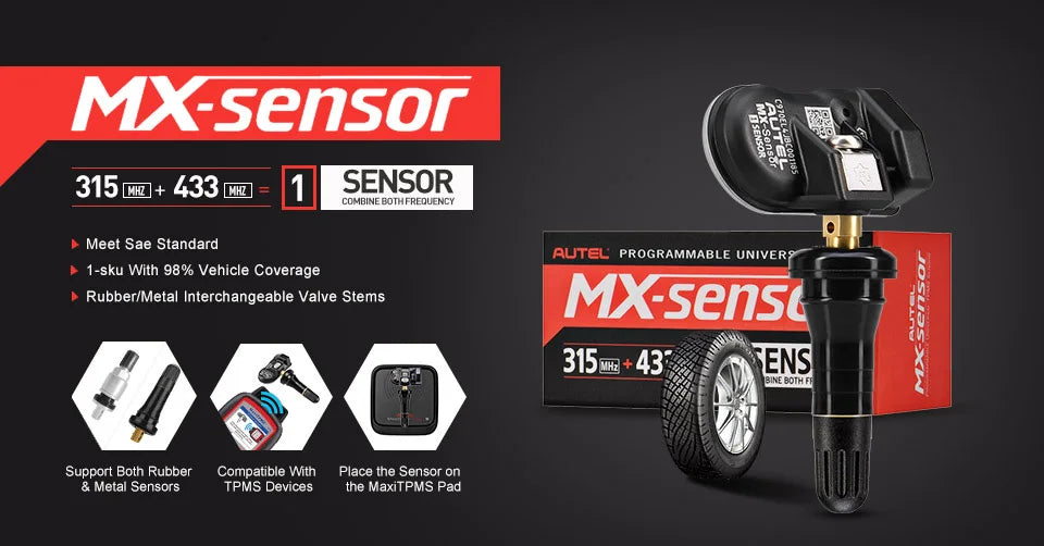 Autel TPMS Sensor MX-Sensor 2in1 315MHz + 433MHz Tire Replacement Sensor OE-Level Programmable & Cloneable TPMS Pressure Sensor