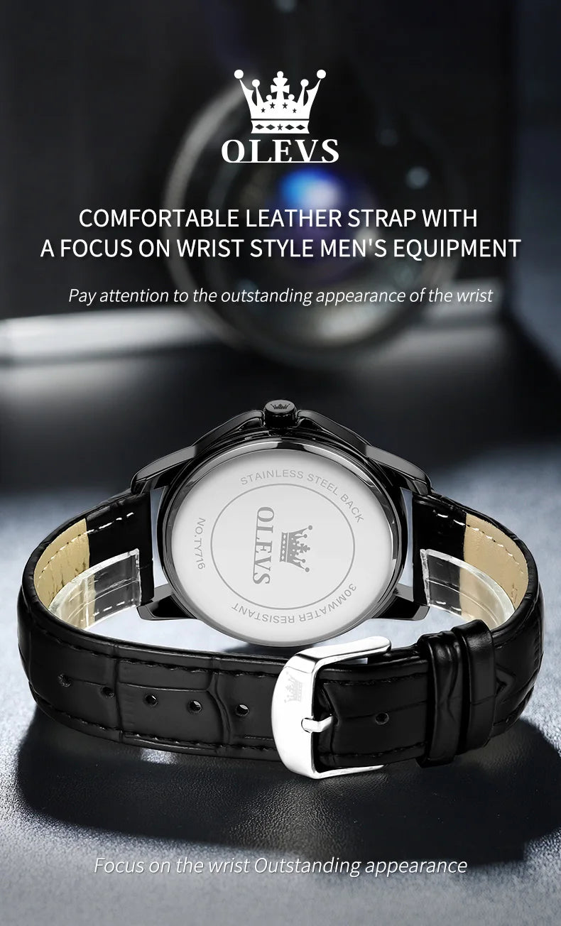 OLEVS TY716 Mens Watch Original Fashion Quartz Watch For Men Waterproof Leather Strap Calendar Daily Automatic Date Mens Gifts