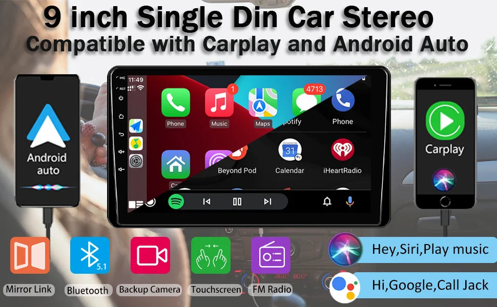 New 9 Inch Car Stereo HD Touch Screen Single Din Car Radio Support Carplay Android Auto With Bluetooth Backup Camera Navigation