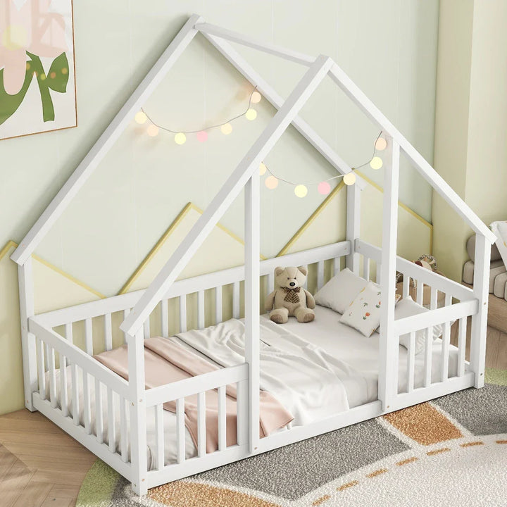 Twin House Floor Bed with Fence