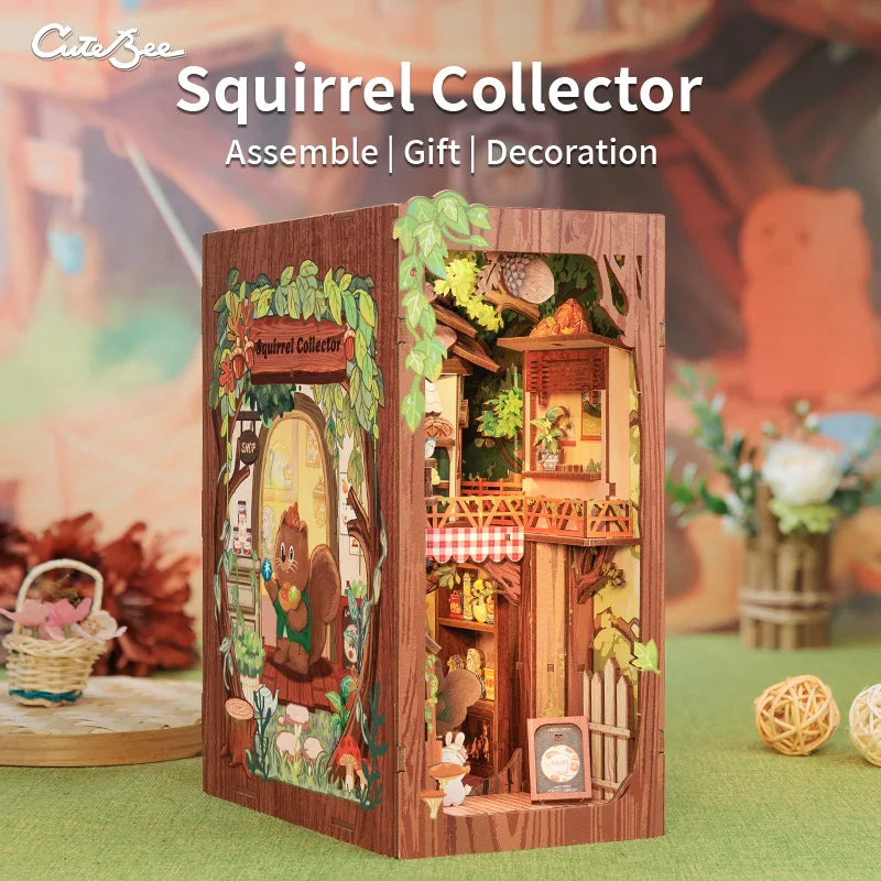 CUTEBEE Bookstore Book Nook with Light DIY Miniature Wooden Dollhouse for Decor Gift Bookshelf Insert Kit 3D Puzzle