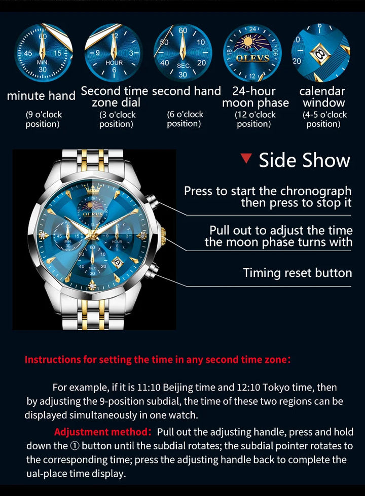 OLEVS 3673 Mens Watch Original Business Brand Quartz Watch Rhombus Mirror Waterproof Luminous Automatic Date Moon Phase Watch