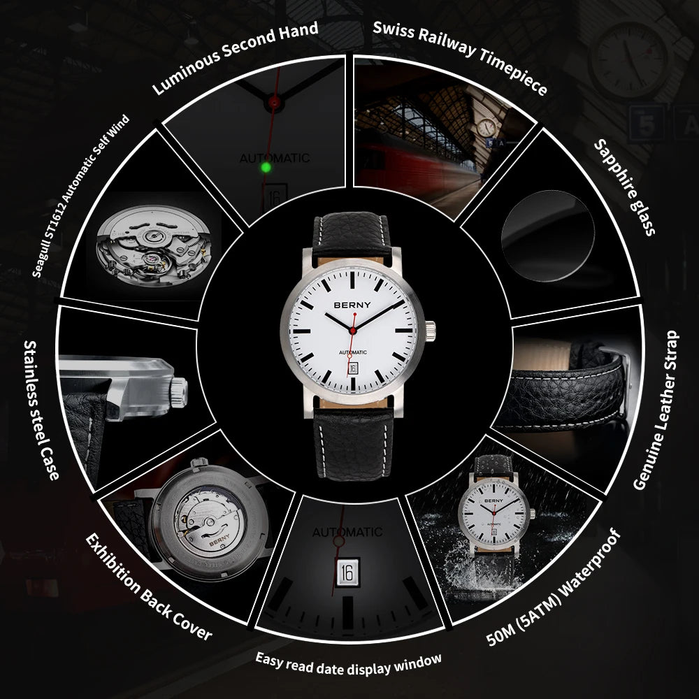 BERNY Watch for Men Mechanical Automatic Watches Seagull Luxury Brand Male Clock Water Resistant Swiss Railway Men's Wristwatch