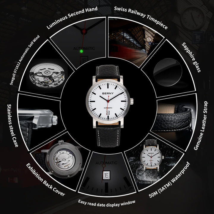 BERNY Watch for Men Mechanical Automatic Watches Seagull Luxury Brand Male Clock Water Resistant Swiss Railway Men's Wristwatch