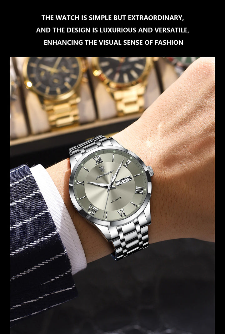 POEDAGAR Business Fashion Man Watch Waterproof Luminous Date Week Male Wristwatch Stainless Steel Quartz Men Watches Reloj +Box
