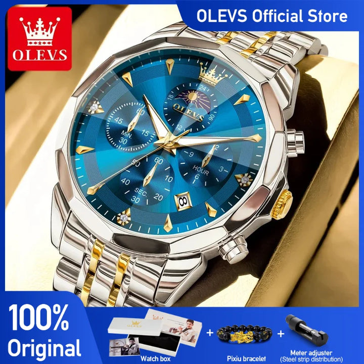 OLEVS 3673 Mens Watch Original Business Brand Quartz Watch Rhombus Mirror Waterproof Luminous Automatic Date Moon Phase Watch