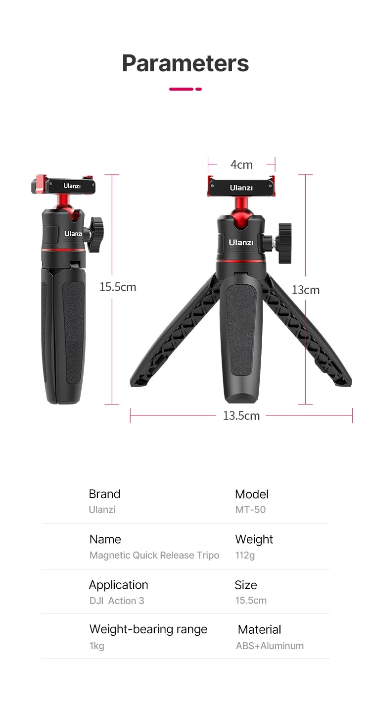 Ulanzi MT-50 Magnetic Tripod for Dji Osmo Action 5 4 3 Adjustable Underwater Selfie Stick Stand Mount Action Camera Accessories