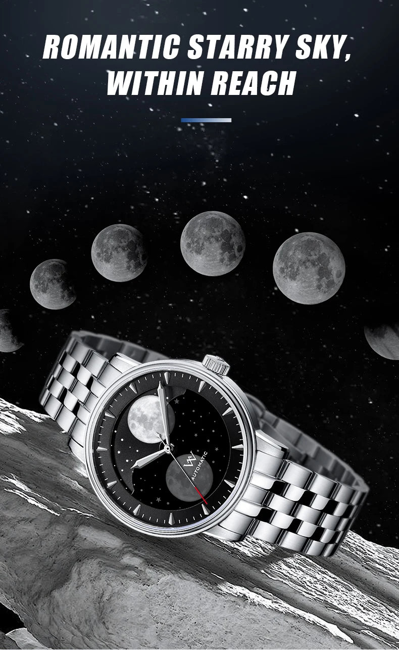 WM Watch Welly Merck Automatic Mechanical Watches Men Lunar Moon Phase Sapphire Waterproof Man Luminous Twin Moons Watch WM142