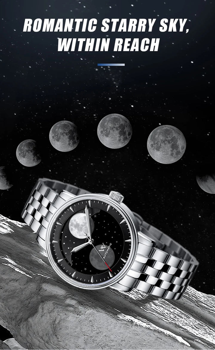 WM Watch Welly Merck Automatic Mechanical Watches Men Lunar Moon Phase Sapphire Waterproof Man Luminous Twin Moons Watch WM142