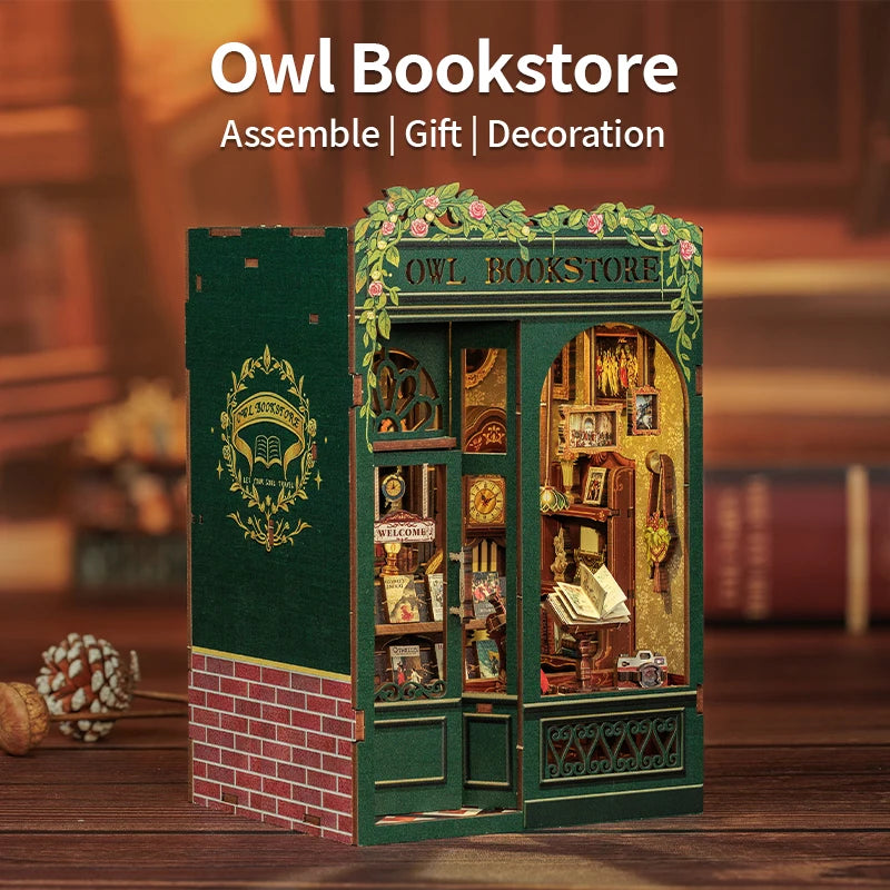 CUTEBEE Bookstore Book Nook with Light DIY Miniature Wooden Dollhouse for Decor Gift Bookshelf Insert Kit 3D Puzzle