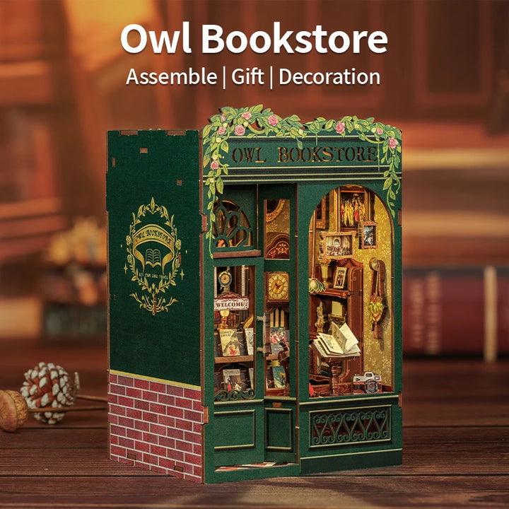 CUTEBEE Bookstore Book Nook with Light DIY Miniature Wooden Dollhouse for Decor Gift Bookshelf Insert Kit 3D Puzzle