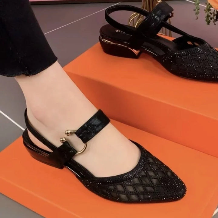 Women's Pointed Toe Heeled Sandals Summer Retro Breathable Hollow Chunky Heel Shoes for Women Closed Toe Ladies High Heel Sandal