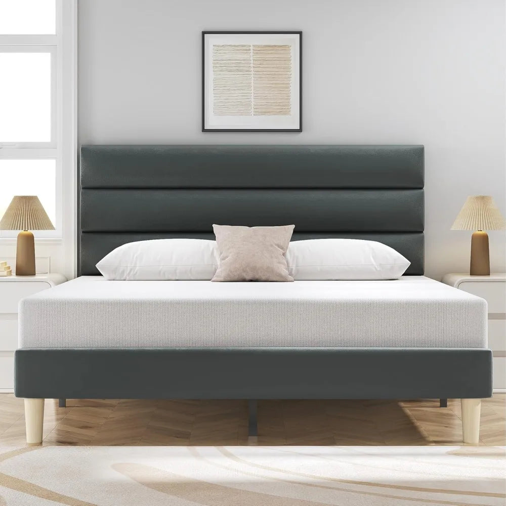 Queen Size Bed Frame, Velvet Padded Headboard, Metal Support, Easy To Assemble, Storage Space, No Spring Box Required