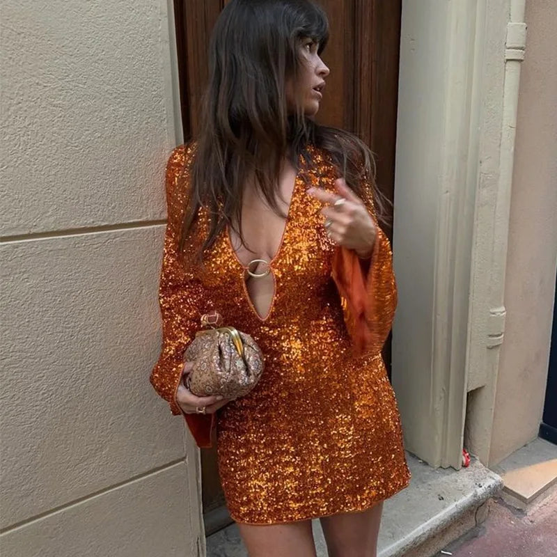 Women's Sparkling Backless Long Sleeved Dress Silver White Sexy Gauze Short Dresses Shiny Lining Elegant Summer Autumn Lady Top