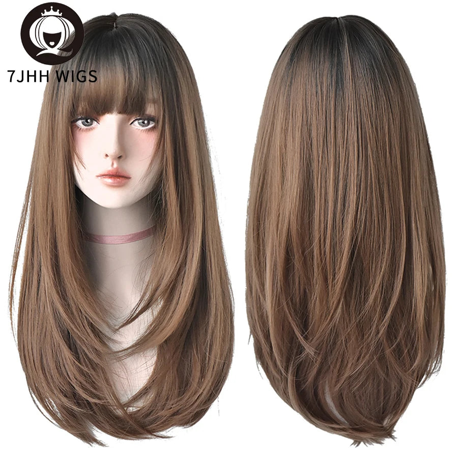 7JHHWIGS Long Wavy Synthetic Black Wigs For Women With Fringe Fashion Heat Resistant Mid-Length Daily Straight Light Brown Hair