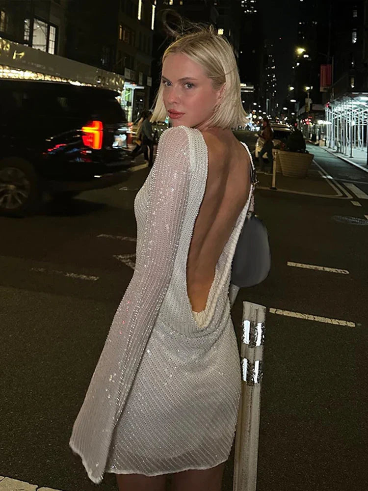 Women's Sparkling Backless Long Sleeved Dress Silver White Sexy Gauze Short Dresses Shiny Lining Elegant Summer Autumn Lady Top
