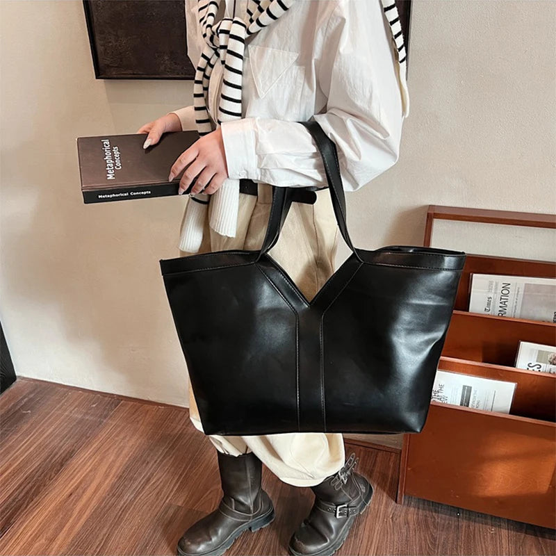 Soft Luxury Y Letter Women Shoulder Bag New Genuine Leather Fashion Large Capacity Tote Bag High-end Casual Commuting Brand Bag