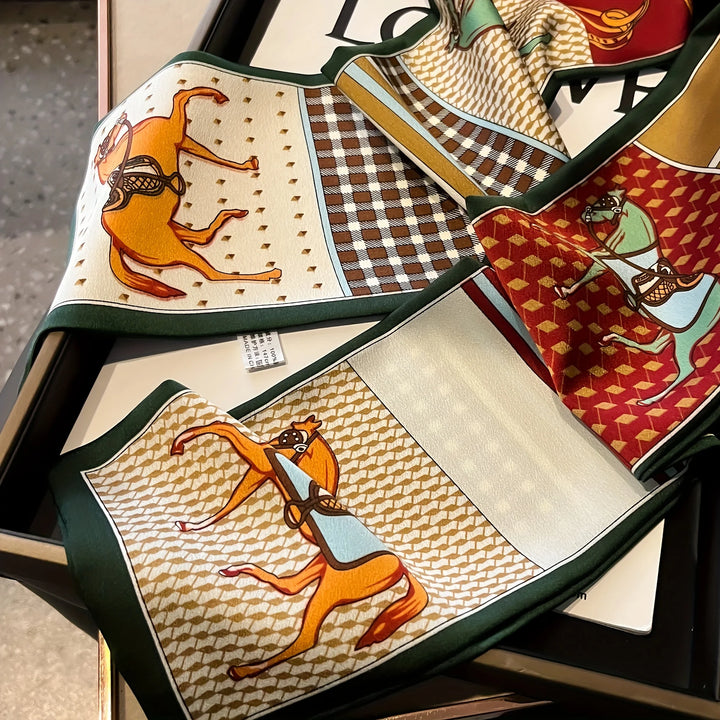 Luxury Horse Pattern Imitation Silk Scarf Headband Neckerchief Foulard Female Hair Scarfs Neck Tie Skinny Scarves Soft Satin