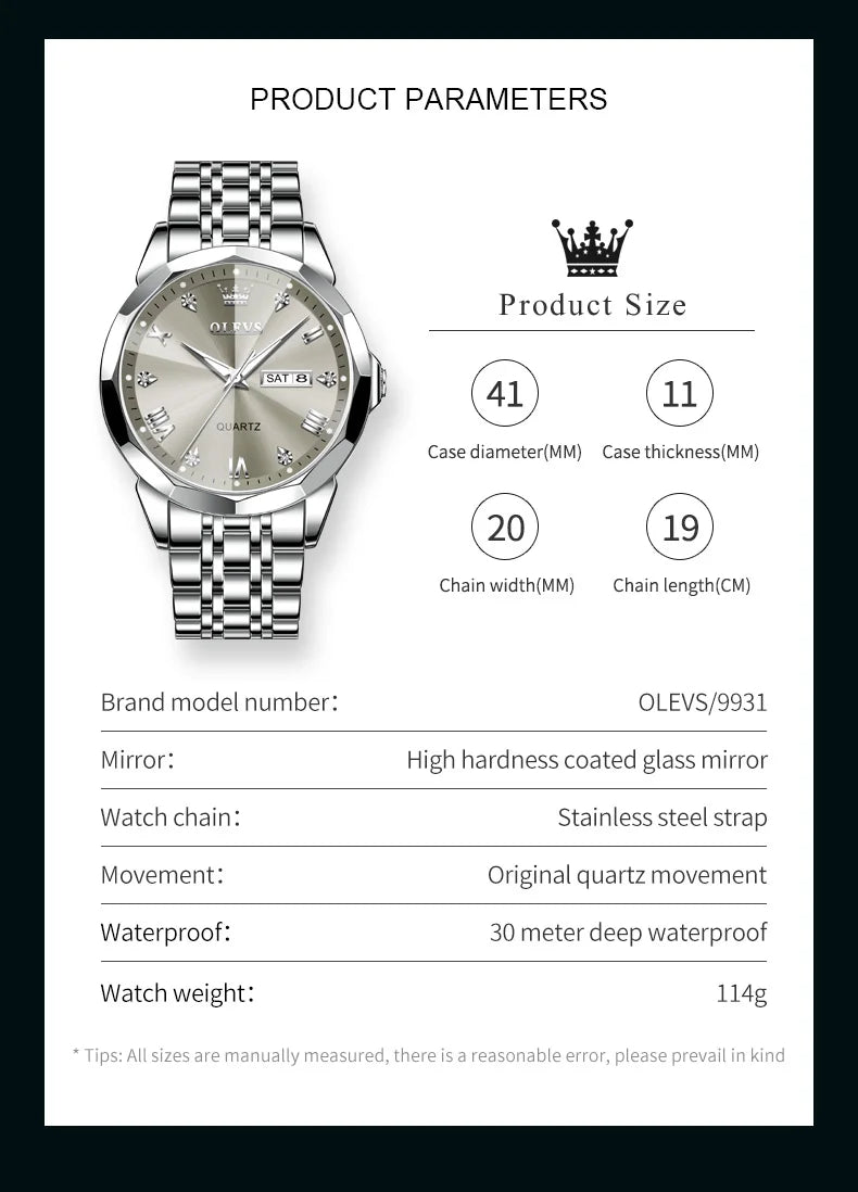 OLEVS Men's Watches Causal Fashion Original Quartz Watch for Man Waterproof Stainless Steel Luminous Date Week Trend Dress Reloj