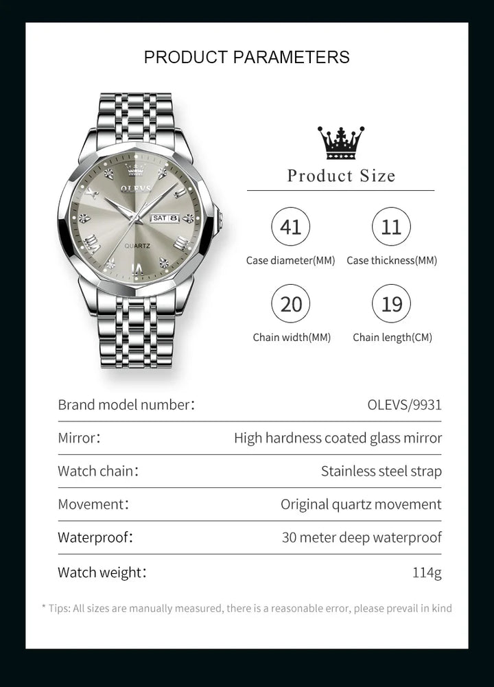 OLEVS Men's Watches Causal Fashion Original Quartz Watch for Man Waterproof Stainless Steel Luminous Date Week Trend Dress Reloj