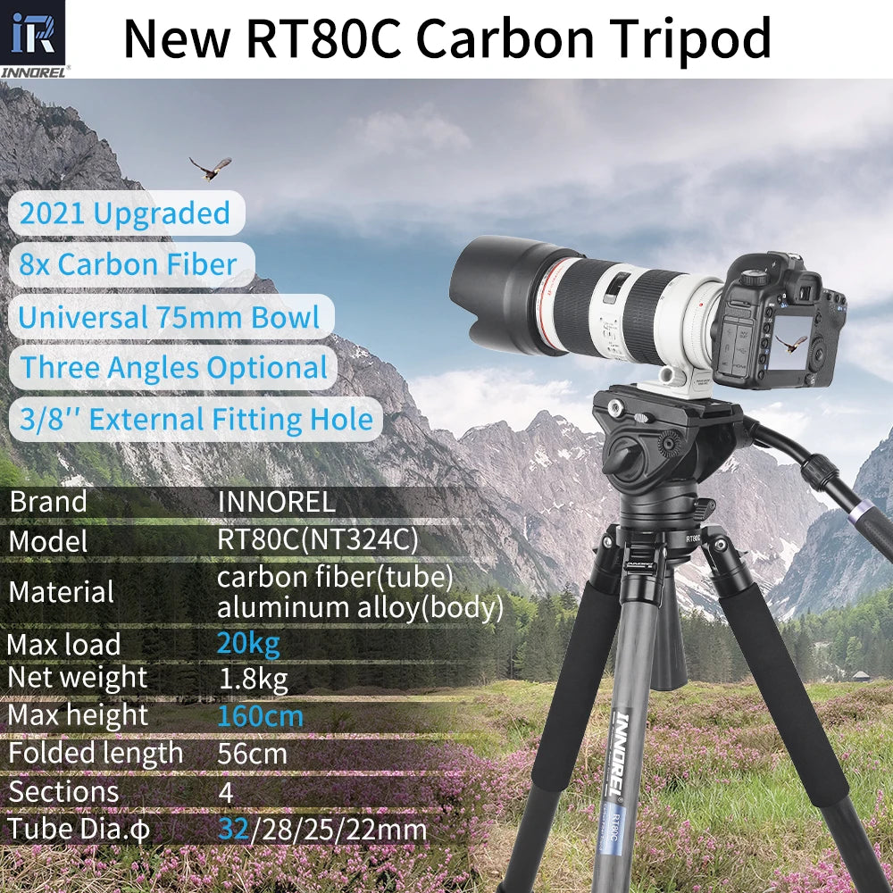 INNOREL RT80C Carbon Fiber Camera Tripod Professional Birdwatching Heavy Duty Tripod 75mm Bowl Adapter for DSLR Video Camcorder