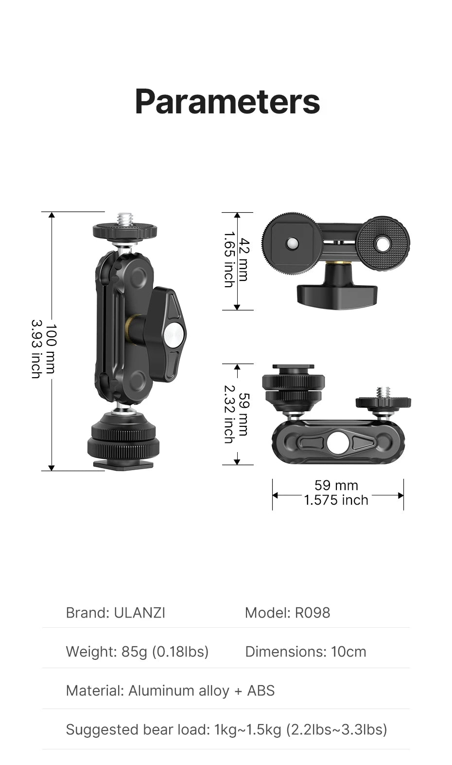 Ulanzi R098 Double Ball Heads Magic Arm with Cold Shoe Mount 1/4''  Screw for DSLR Camera Monitor Mic Video Light Super Clamp