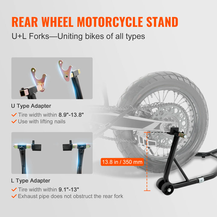 VEVOR Motorcycle Stand Lift 850lbs Front Rear Combo Stand Lift Stand Front and Rear Wheel Fork Stand Heavy Duty Rear Wheel Stand
