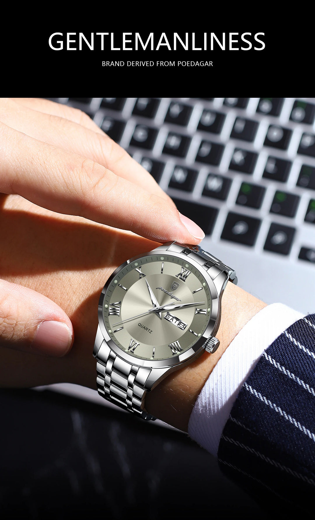 POEDAGAR Business Fashion Man Watch Waterproof Luminous Date Week Male Wristwatch Stainless Steel Quartz Men Watches Reloj +Box